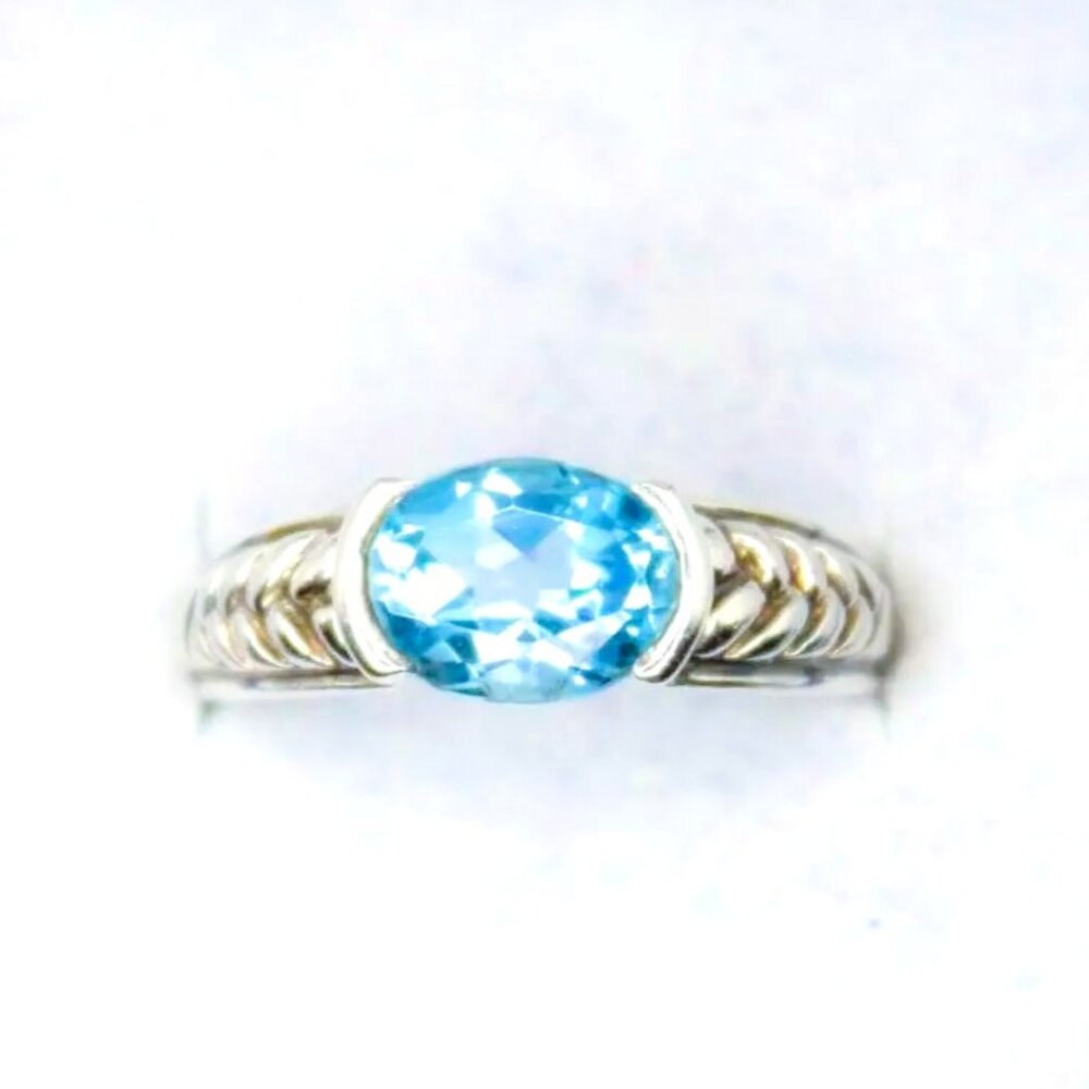 925 Sterling Silver SWISS Sky BLUE TOPAZ Vintage Oval Solitaire Ring Signed
